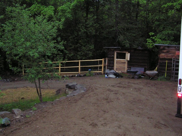 Looking out the main door to the dog kennel area.  Road to the lake is on the left