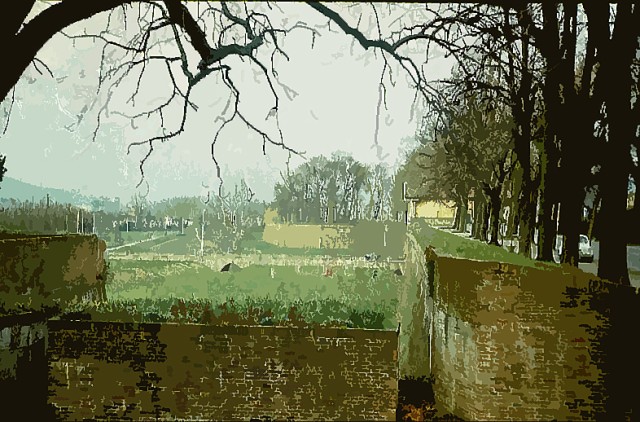 Stylized (watercolor) image of portion of Lucca wall