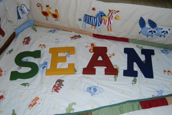 Painted letters matched with the bedding to hang on his wall.