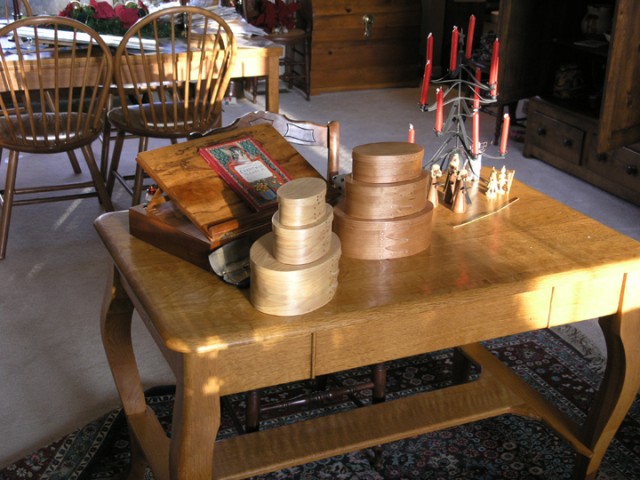 Different view from previous shot.  The table is a library table Narni and I bought in an antique store in Rantoul, Illinois is 1967.  It has been refinished twice and repaired at least that many times after 23 moves in the Air Force.