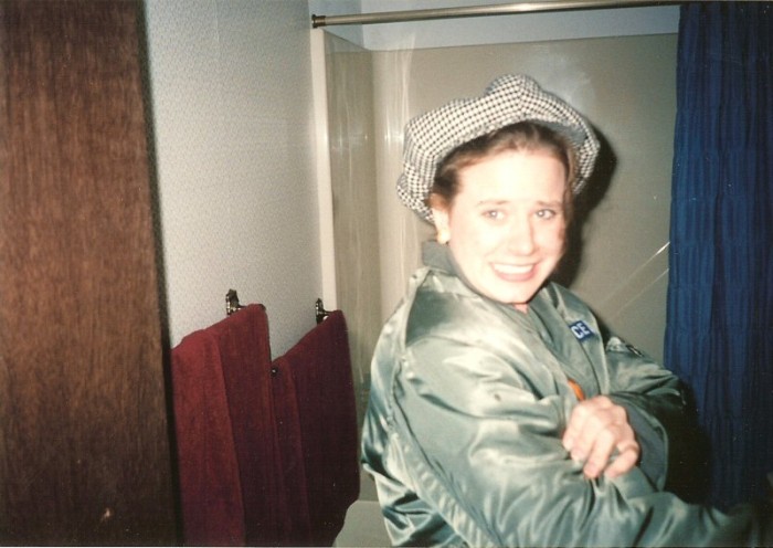 Mindy trying on Sean's stuff.  She looks hot!