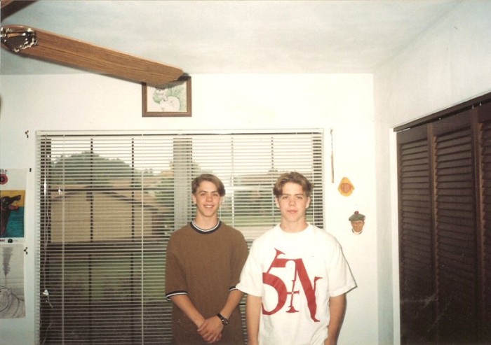 Paul (in a shirt his 'borrowed' from travis) and Sean in a Nine in Nails shirt. Taken in my room on Indian Springs Road.  My artwork on the walls. 